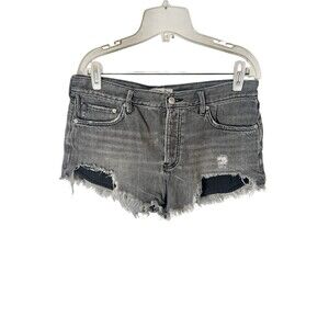 We The Free Gray Distressed Denim Cutoff Shorts Button Hem Size 29 Raw Hem Boho